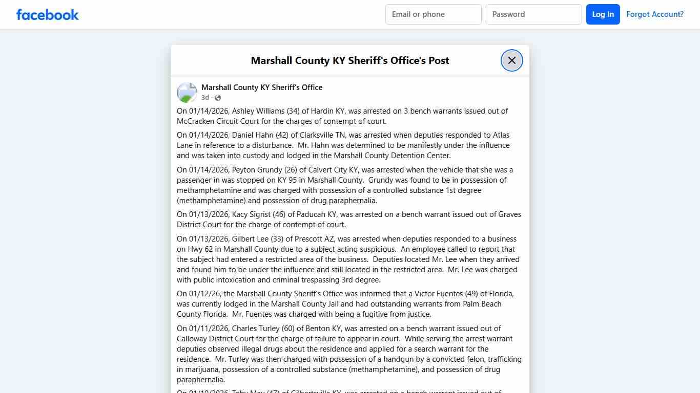On 01/14/2026,... - Marshall County KY Sheriff's Office | Facebook